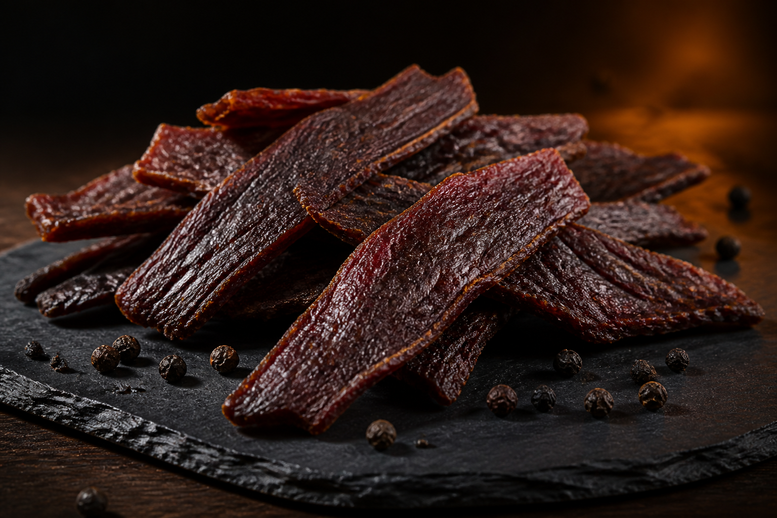 Beef jerky strips on a slate board