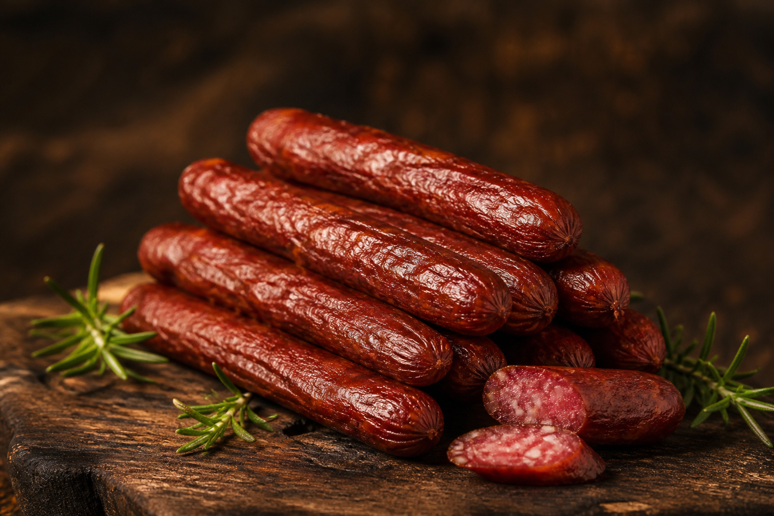 Stack of smoked meat sticks