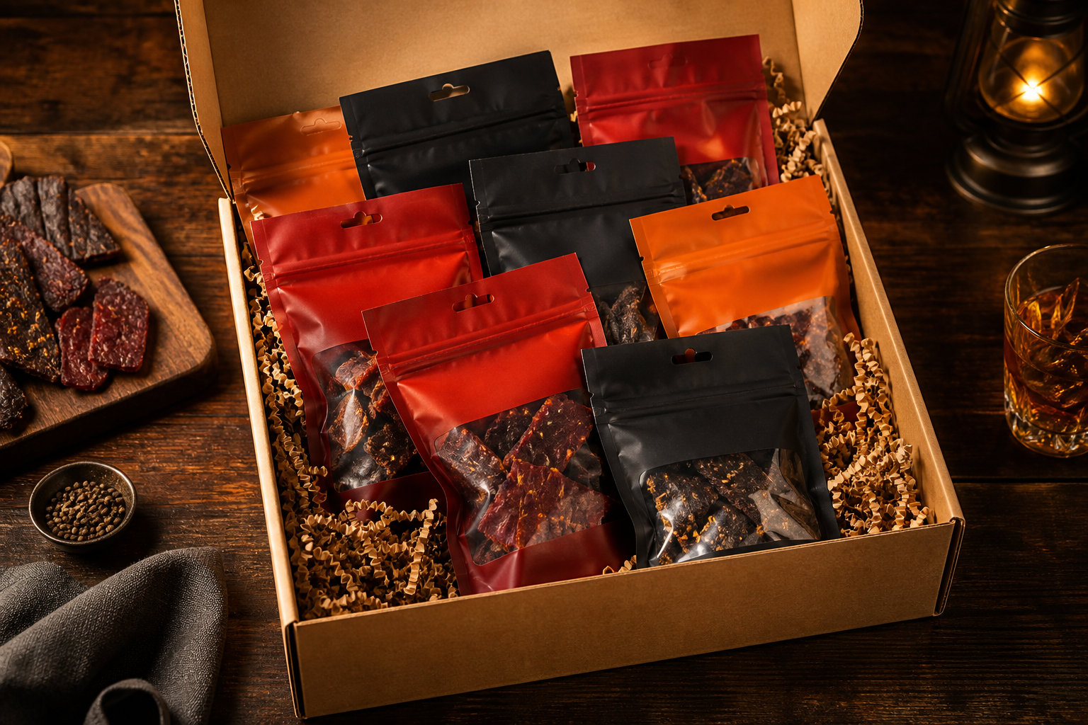 Open variety gift box of assorted jerky