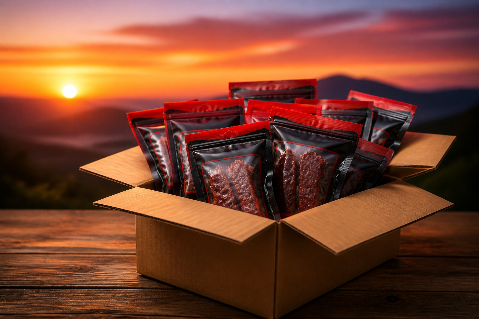 Box of jerky bags at sunset